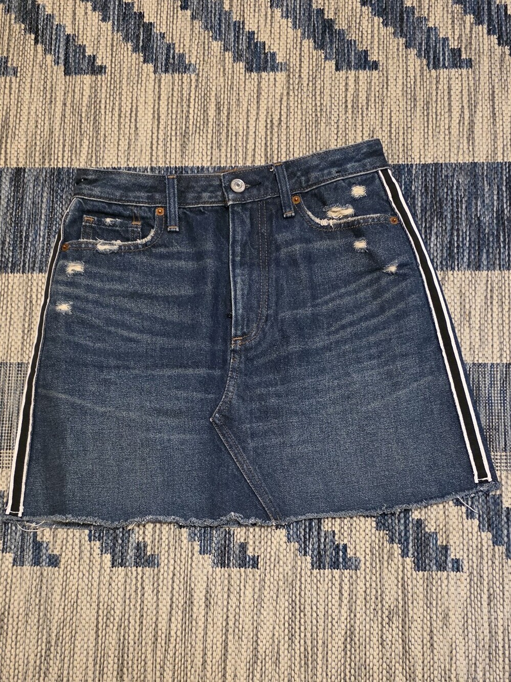 Abercrombie & Fitch Dark Blue Distressed Denim Mini Skirt with Side Stripes